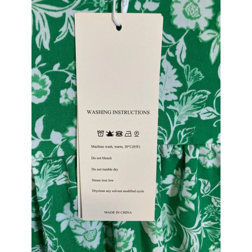 Cottagecore Dokotoo Women Large Green White Floral Puff Sleeve V-Neck Mini Dress - Picture 13 of 14